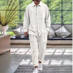 White Men's Button Down Long Sleeve Shirt & Pants Resort Outfit